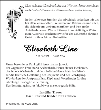 Traueranzeige von Elisabeth Lins von Thüringer Allgemeine