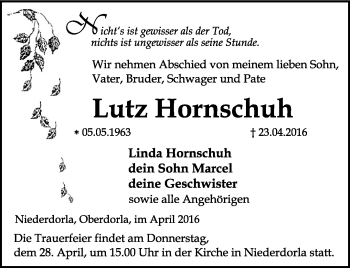 Traueranzeige von Lutz Hornschuh von Thüringer Allgemeine, Thüringische Landeszeitung