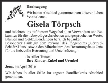 Traueranzeige von Gisela Törpsch von Ostthüringer Zeitung, Thüringische Landeszeitung
