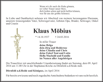 Traueranzeige von Klaus Möbius von Ostthüringer Zeitung