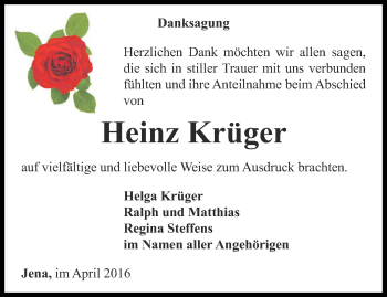Traueranzeige von Heinz Krüger von Ostthüringer Zeitung, Thüringische Landeszeitung