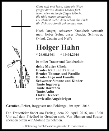 Traueranzeige von Holger Hahn von Thüringer Allgemeine