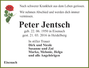 Traueranzeige von Peter Jentsch von Thüringer Allgemeine, Thüringische Landeszeitung