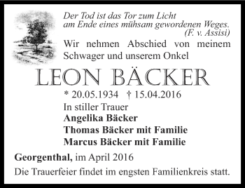 Traueranzeige von Leon Bäcker von Ostthüringer Zeitung, Thüringische Landeszeitung