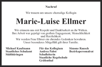 Traueranzeige von Marie-Luise Ellmer von Ostthüringer Zeitung
