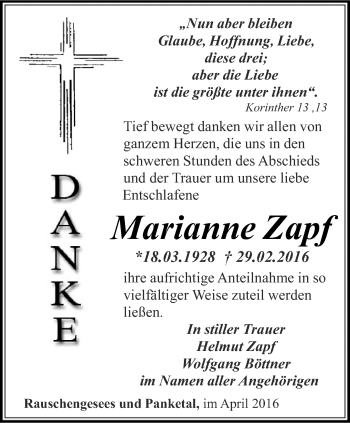 Traueranzeige von Marianne Zapf von Ostthüringer Zeitung