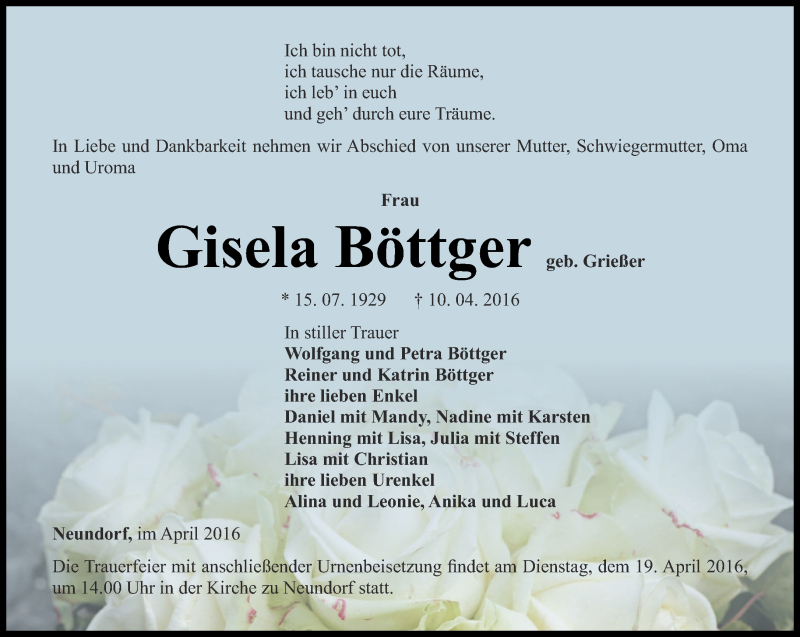  Traueranzeige für Gisela Böttger vom 14.04.2016 aus Ostthüringer Zeitung