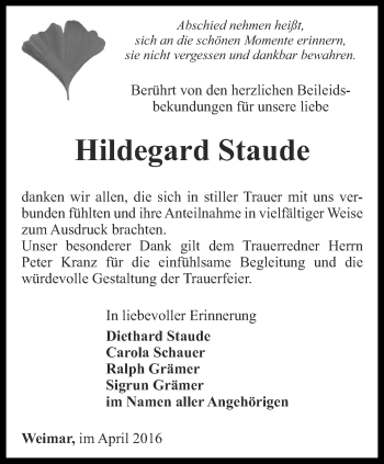 Traueranzeige von Hildegard Staude von Thüringer Allgemeine, Thüringische Landeszeitung