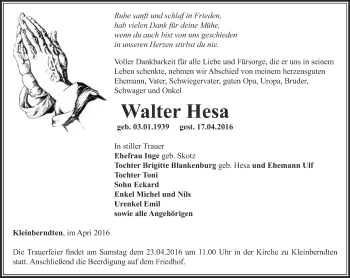 Traueranzeige von Walter Hesa von Thüringer Allgemeine