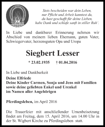 Traueranzeige von Siegbert Lesser von Ostthüringer Zeitung, Thüringische Landeszeitung