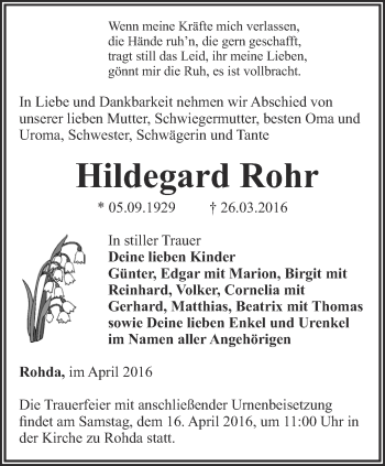 Traueranzeige von Hildegard Rohr von Thüringer Allgemeine, Thüringische Landeszeitung