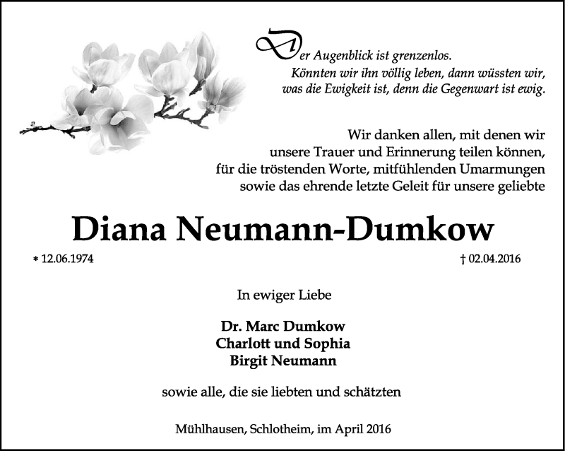  Traueranzeige für Diana Neumann-Dumkow vom 23.04.2016 aus Thüringer Allgemeine, Thüringische Landeszeitung
