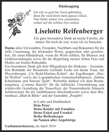 Traueranzeige von Liselotte Reifenberger von Thüringer Allgemeine