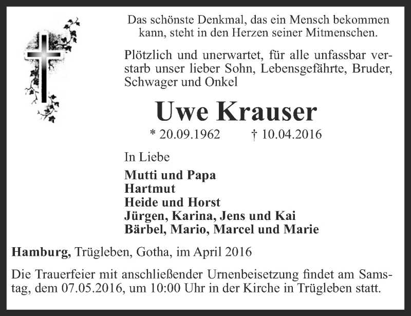 Traueranzeige für Uwe Krauser vom 27.04.2016 aus Ostthüringer Zeitung, Thüringische Landeszeitung