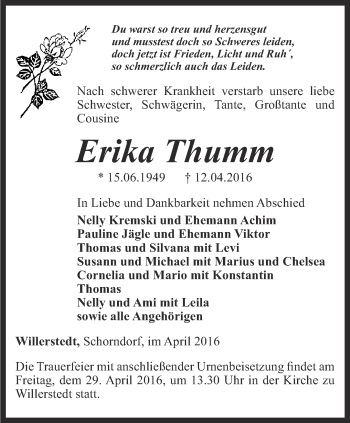 Traueranzeige von Erika Thumm von Thüringer Allgemeine, Thüringische Landeszeitung