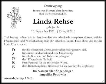 Traueranzeige von Linda Rehse von Thüringer Allgemeine