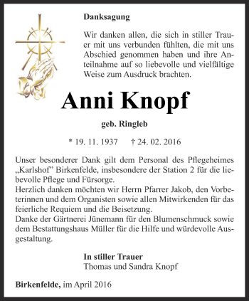 Traueranzeige von Anni Knopf von Thüringer Allgemeine