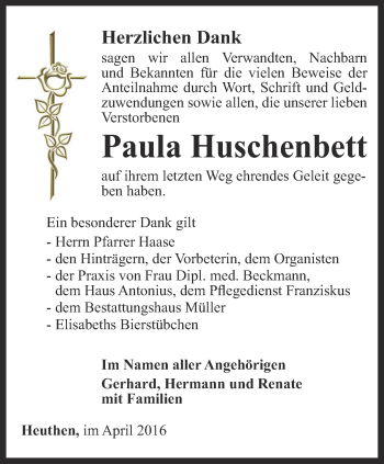 Traueranzeige von Paula Huschenbett von Thüringer Allgemeine