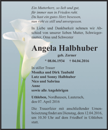 Traueranzeige von Angela Halbhuber von Thüringer Allgemeine