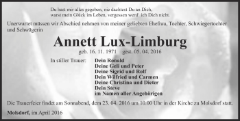 Traueranzeige von Annett Lux-Limburg von Thüringer Allgemeine, Thüringische Landeszeitung