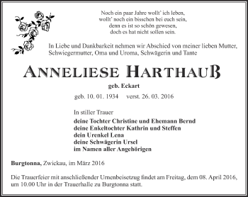 Traueranzeige von Anneliese Harthauß von Thüringer Allgemeine, Thüringische Landeszeitung