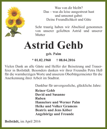 Traueranzeige von Astrid Gehb von Ostthüringer Zeitung, Thüringische Landeszeitung