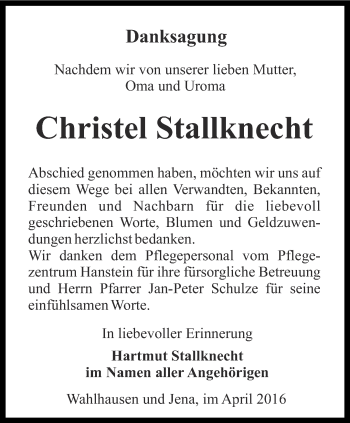 Traueranzeige von Christel Stallknecht von Thüringer Allgemeine