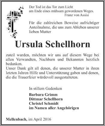 Traueranzeige von Ursula Schellhorn von Ostthüringer Zeitung