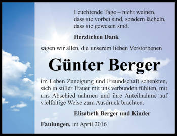 Traueranzeige von Günter Berger von Thüringer Allgemeine, Thüringische Landeszeitung