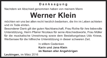 Traueranzeige von Werner Klein von Thüringer Allgemeine