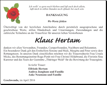 Traueranzeige von Klaus Hertam von Thüringer Allgemeine