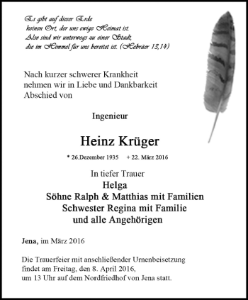 Traueranzeige von Heinz Krüger von Ostthüringer Zeitung, Thüringische Landeszeitung