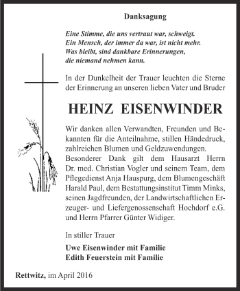 Traueranzeige von Heinz Eisenwinder von Thüringer Allgemeine, Thüringische Landeszeitung