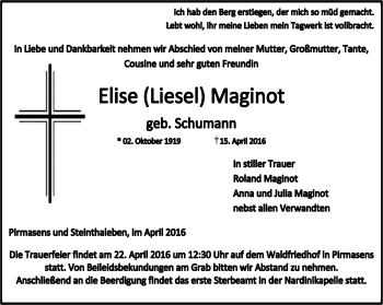 Traueranzeige von Elise Liesel Maginot von Thüringer Allgemeine