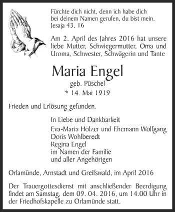 Traueranzeige von Maria Engel von Ostthüringer Zeitung, Thüringische Landeszeitung