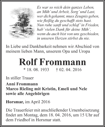Traueranzeige von Rolf Frommann von Thüringer Allgemeine, Thüringische Landeszeitung