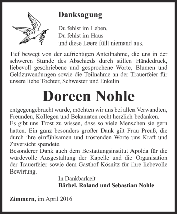 Traueranzeige von Doreen Nohle von Ostthüringer Zeitung, Thüringische Landeszeitung