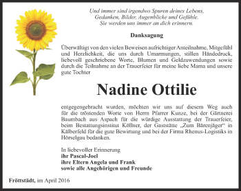 Traueranzeige von Nadine Ottilie von Ostthüringer Zeitung, Thüringische Landeszeitung