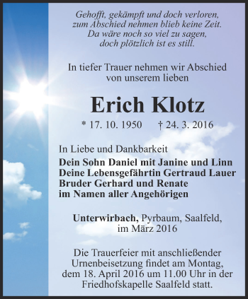 Traueranzeige von Erich Klotz von Ostthüringer Zeitung