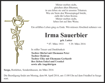 Traueranzeige von Irma Sauerbier von Thüringer Allgemeine