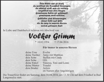 Traueranzeige von Volker Grimm von Thüringer Allgemeine, Thüringische Landeszeitung