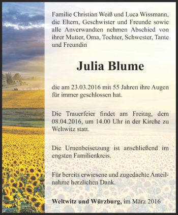 Traueranzeige von Julia Blume von Ostthüringer Zeitung