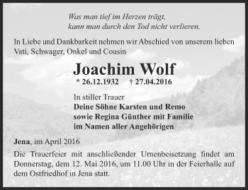 Traueranzeige von Joachim Wolf von Ostthüringer Zeitung, Thüringische Landeszeitung
