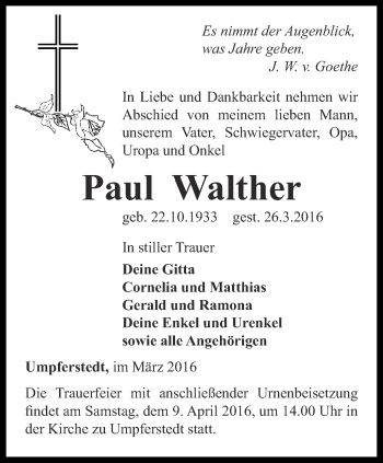 Traueranzeige von Paul Walther von Thüringer Allgemeine, Thüringische Landeszeitung