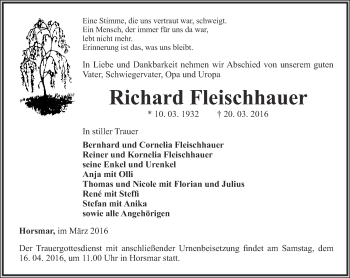 Traueranzeige von Richard Fleischhauer von Thüringer Allgemeine, Thüringische Landeszeitung