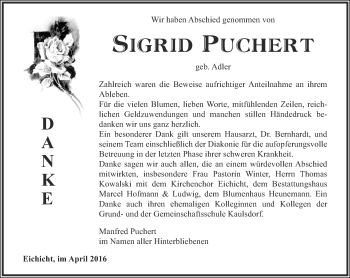 Traueranzeige von Sigrid Puchert von Ostthüringer Zeitung