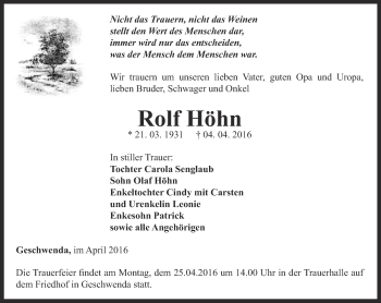 Traueranzeige von Rolf Höhn von Thüringer Allgemeine