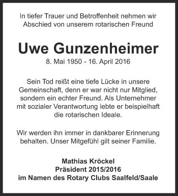 Traueranzeige von Uwe Gunzenheimer von Ostthüringer Zeitung