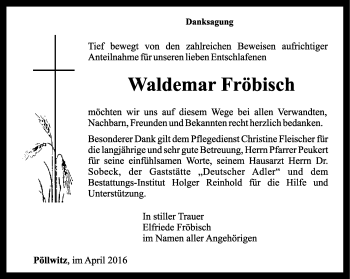 Traueranzeige von Waldemar Fröbisch von Ostthüringer Zeitung