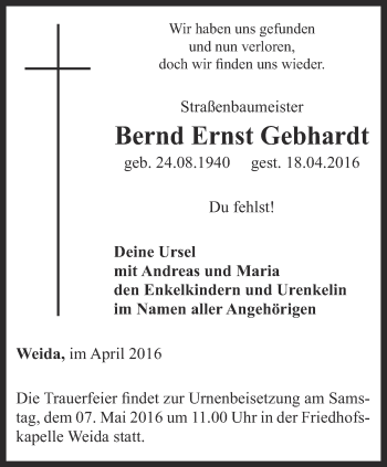 Traueranzeige von Bernd Ernst Gebhardt von Ostthüringer Zeitung